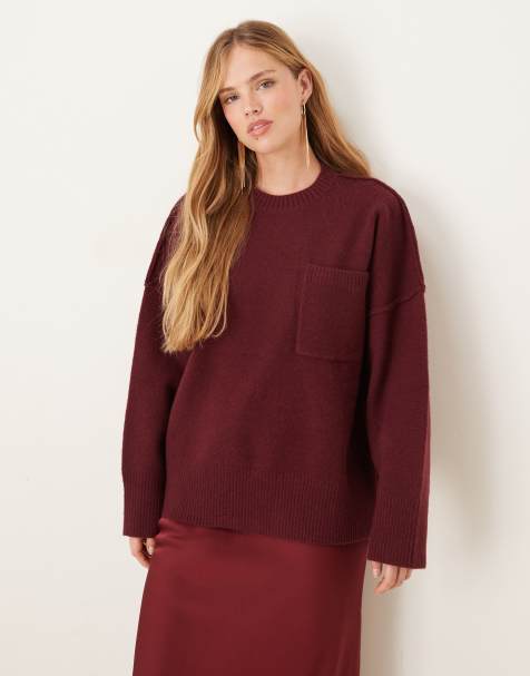 Pretty Lavish exposed seam pocket jumper in burgundy - view 1
