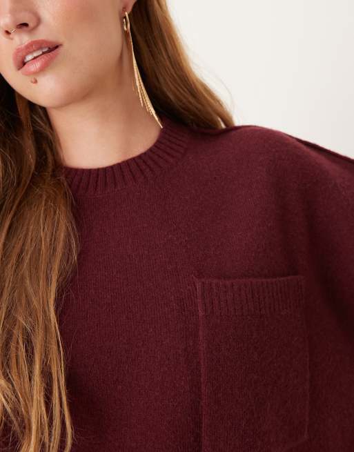 Pretty Lavish exposed seam pocket jumper in burgundy, 3 of 4