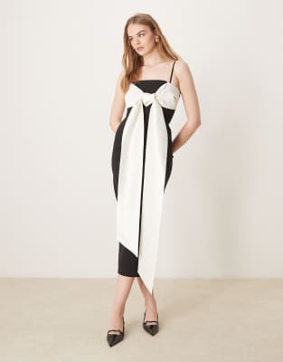 extreme contrast bow midaxi dress in black and cream