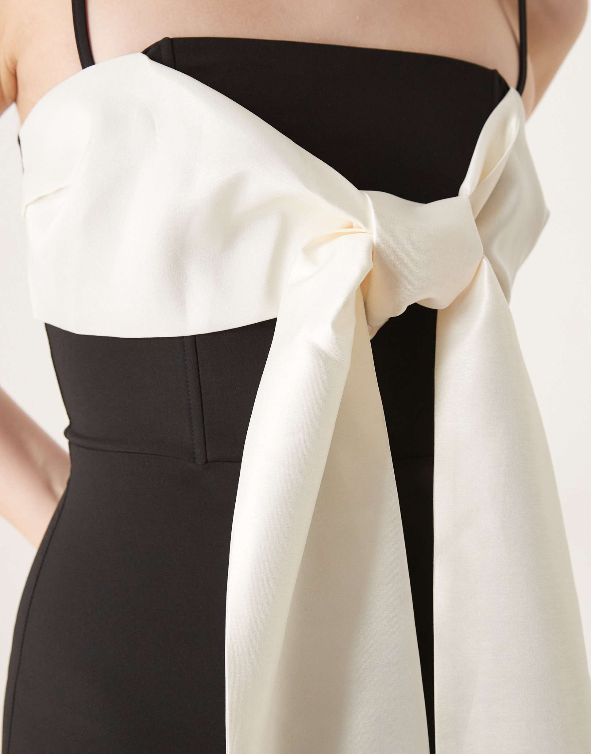 pretty lavish extreme contrast bow midaxi dress in black and cream