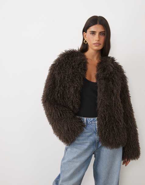 Pretty Lavish faux fur shaggy cropped coat in chocolate - view 1