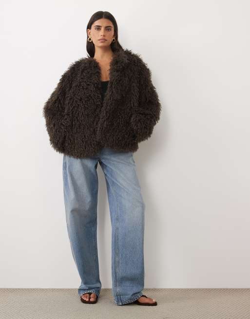 Pretty Lavish faux fur shaggy cropped coat in chocolate, 2 of 4