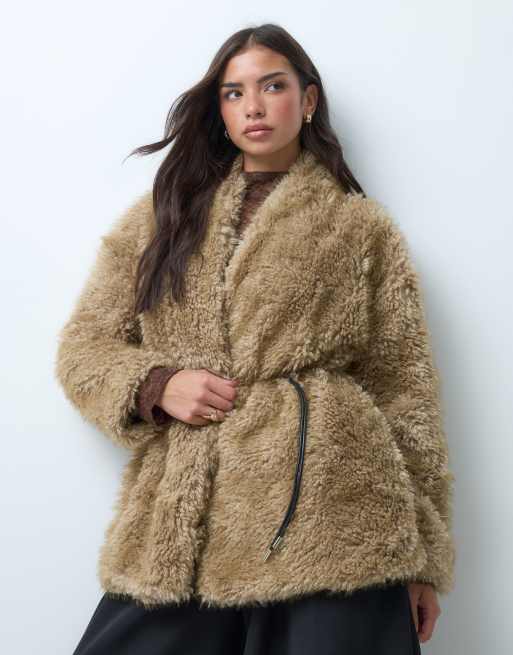 Pretty Lavish faux fur tie belt jacket in cream, 5 of 5
