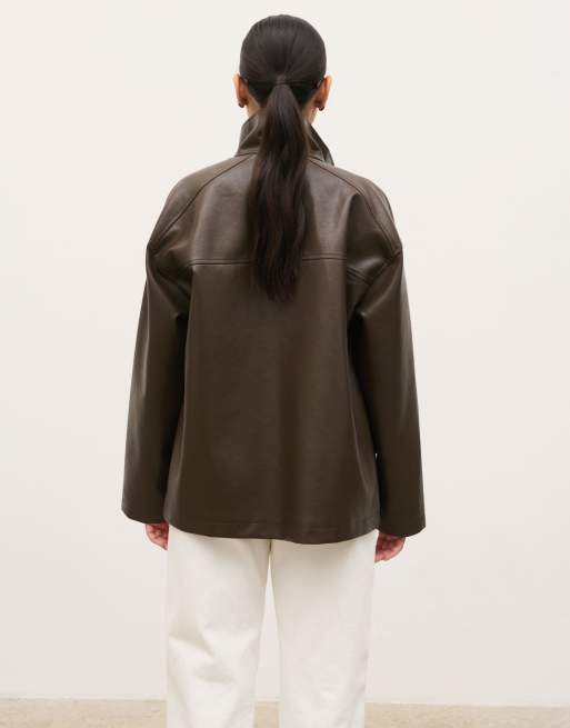 Pretty Lavish faux leather funnel neck bomber jacket in chocolate, 3 of 4