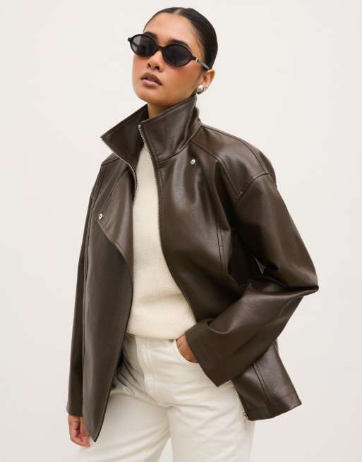 Pretty Lavish faux leather funnel neck bomber jacket in chocolate, 4 of 4
