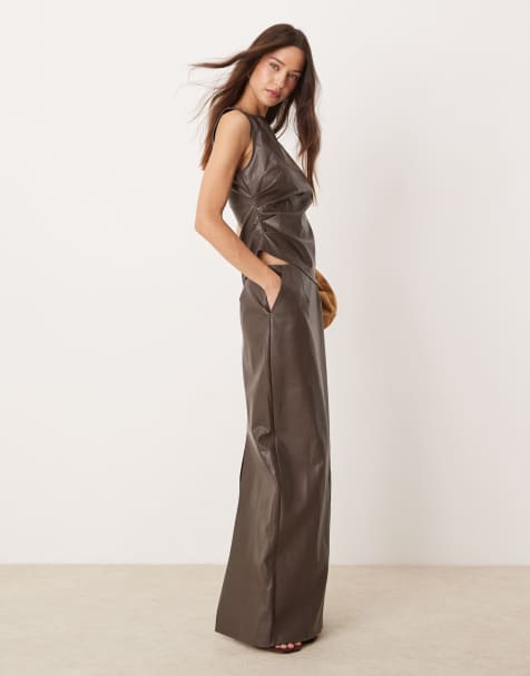Pretty Lavish faux leather maxi skirt co-ord in chocolate brown
