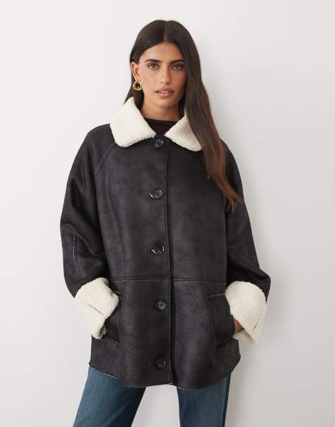Pretty Lavish faux shearling contrast collar and cuffs boxy aviator coat in black - view 1