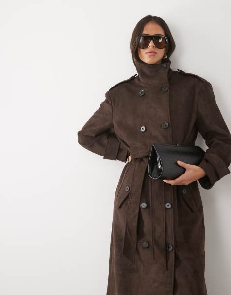 Pretty Lavish faux suede funnel neck longline trench coat in brown - view 1