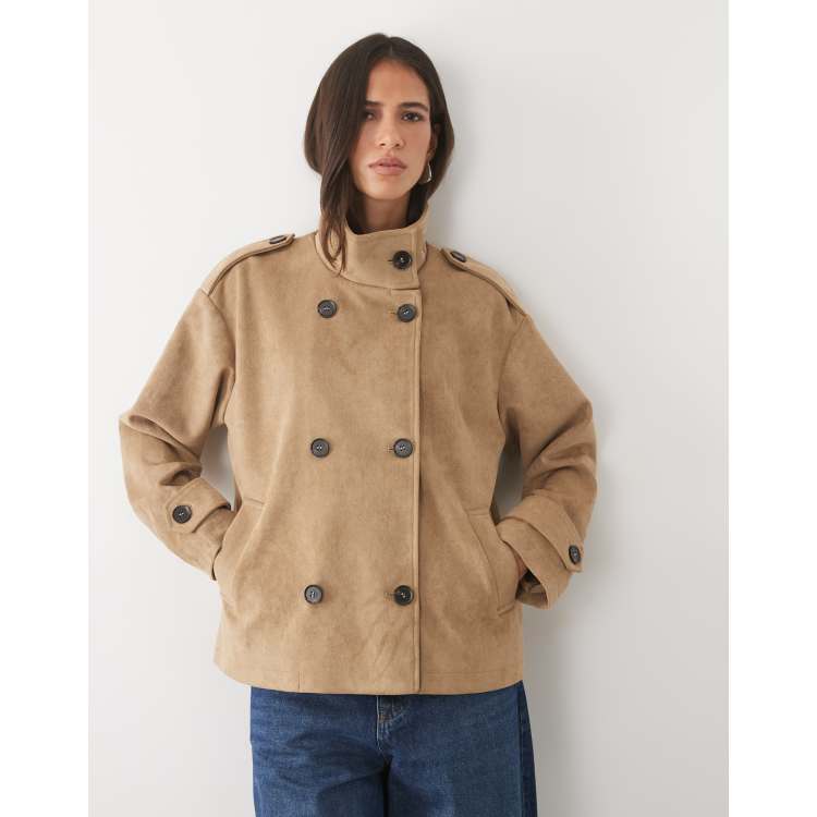 Pretty Lavish faux suede high neck cropped trench coat in beige | ASOS