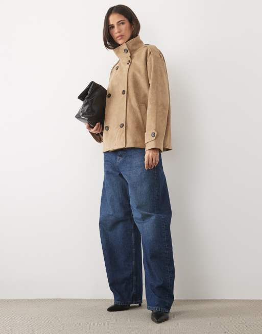 Pretty Lavish faux suede high neck cropped trench coat in beige, 2 of 4
