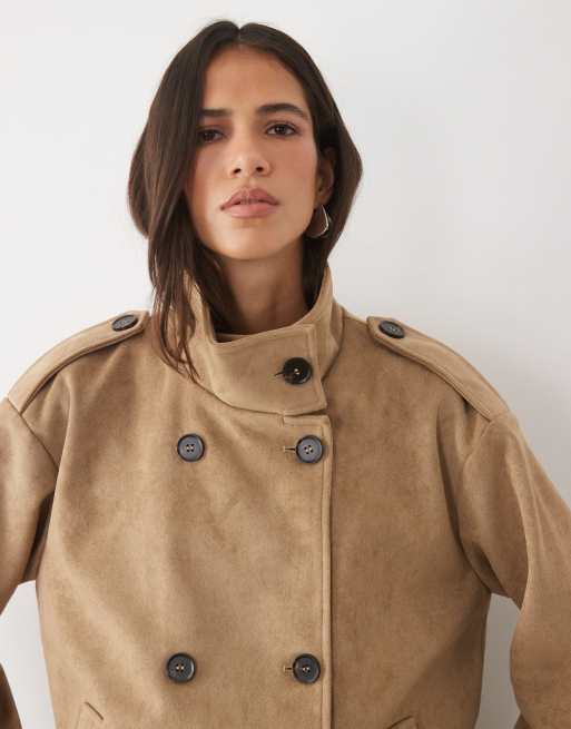 Pretty Lavish faux suede high neck cropped trench coat in beige, 3 of 4