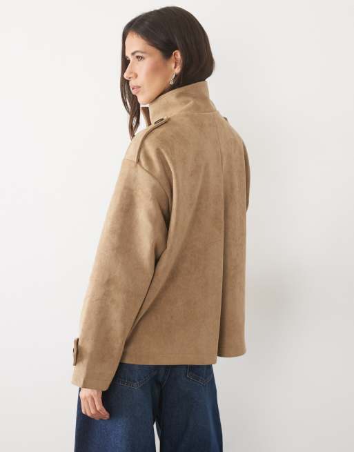 Pretty Lavish faux suede high neck cropped trench coat in beige, 4 of 4