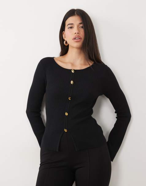 Pretty Lavish fin strik-cardigan med guldknapdetaljer i sort - view 1