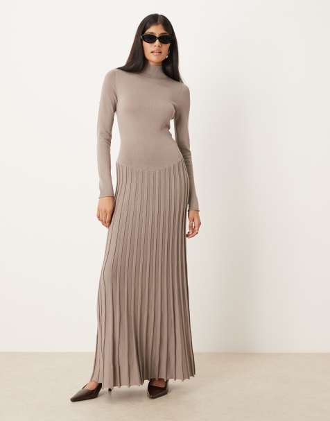 Pretty Lavish fine knit drop hem pleated maxi dress in taupe - view 1