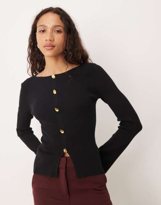Pretty Lavish fine knit gold trim detail top in black