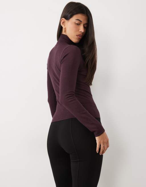 Pretty Lavish fine knit long sleeve roll neck top in fig, 2 of 4