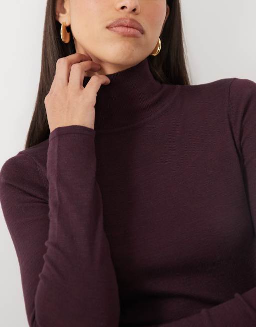 Pretty Lavish fine knit long sleeve roll neck top in fig, 3 of 4