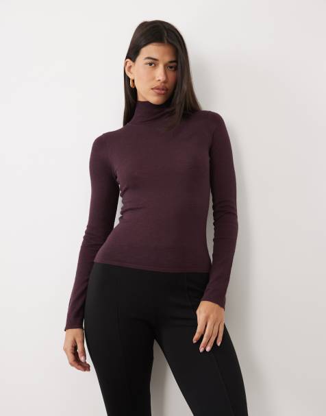 Pretty Lavish fine knit long sleeve turtle neck top in fig - view 1