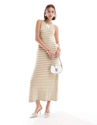 Pretty Lavish Fine Knit Midaxi Dress In Beige And Cream Stripe-white