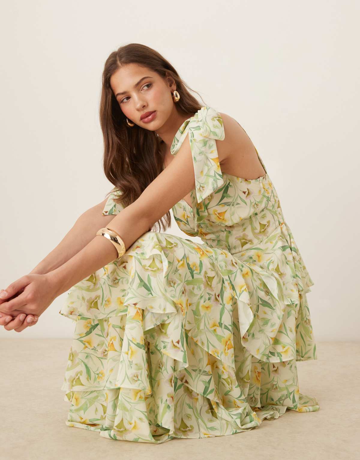 Pretty Lavish Fiore tie ruffle maxi dress in sage floral