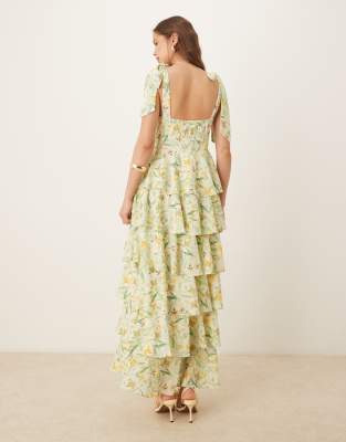 Pretty Lavish Fiore tie ruffle maxi dress in sage floral | ASOS