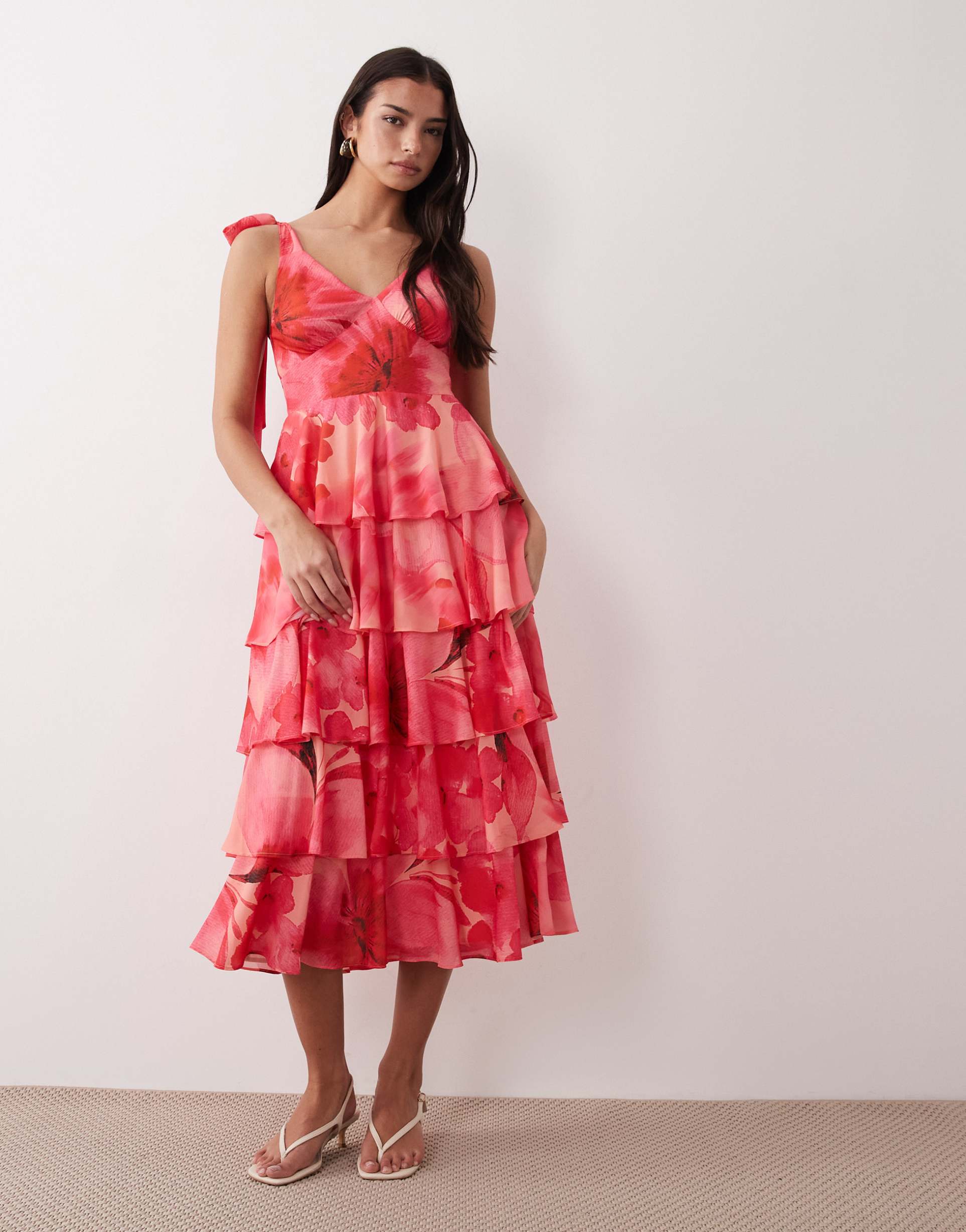 pretty lavish fiore tie shoulder ruffle detail midi dress in red and pink floral