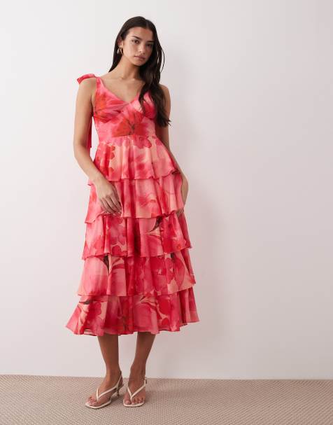 Pretty Lavish Fiore tie shoulder ruffle detail midi dress in red and pink floral