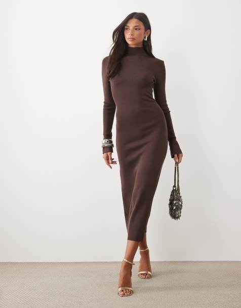 Pretty Lavish flared sleeve knit midaxi dress in chocolate - view 1