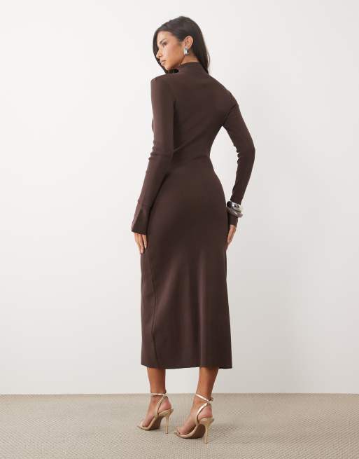 Pretty Lavish flared sleeve knit midaxi dress in chocolate, 4 of 4