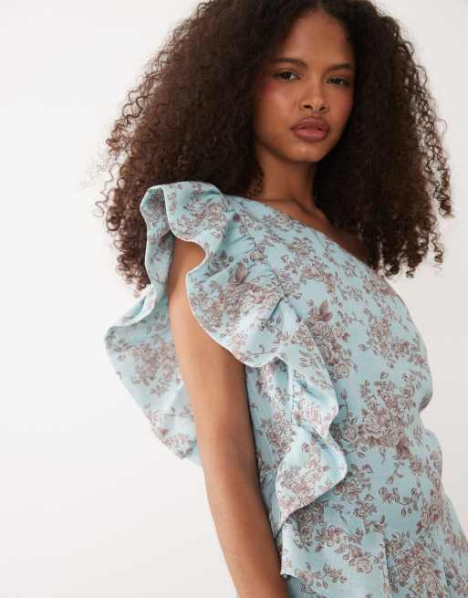 Pretty Lavish – Fleur – Blåblommig, panelsydd, enaxlad midaxiklänning i linnemix, 3 av 4