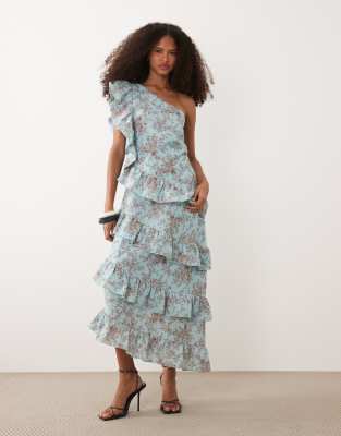 Pretty Lavish Fleur Linen Mix Tiered One Shoulder Midaxi Dress In Blue
