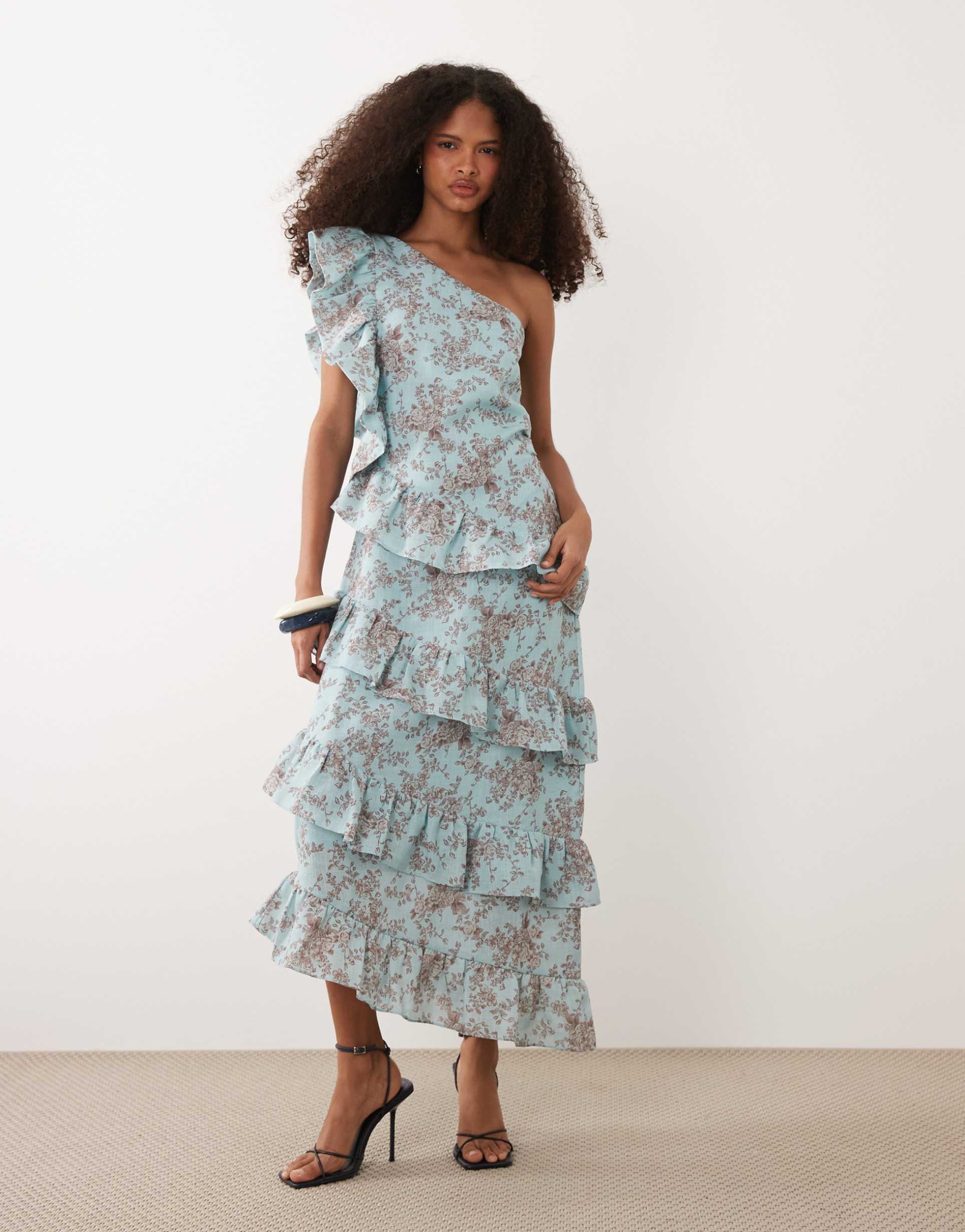 pretty lavish fleur linen mix tiered one shoulder midaxi dress in blue floral