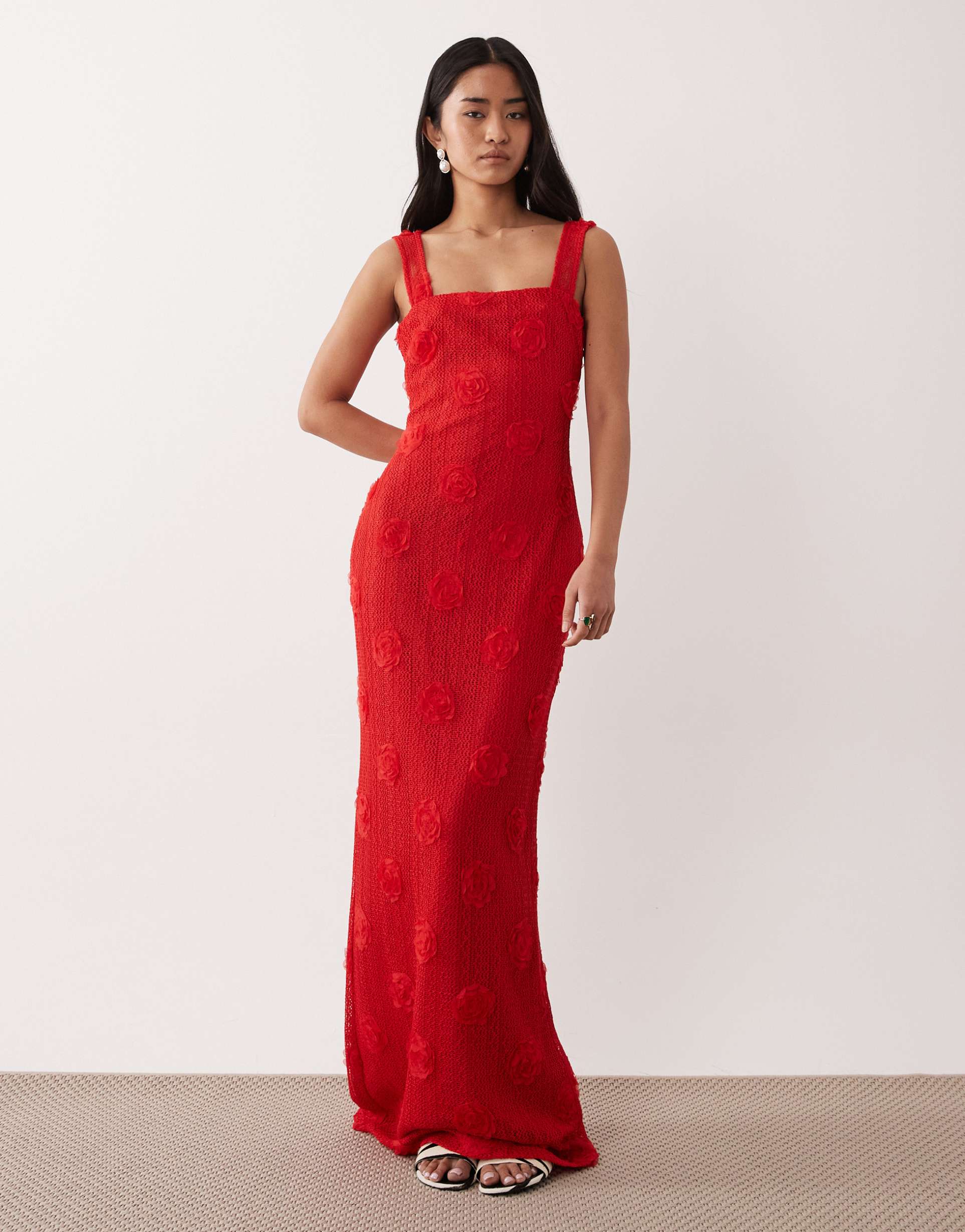 pretty lavish floral appliqué square neck maxi dress in red