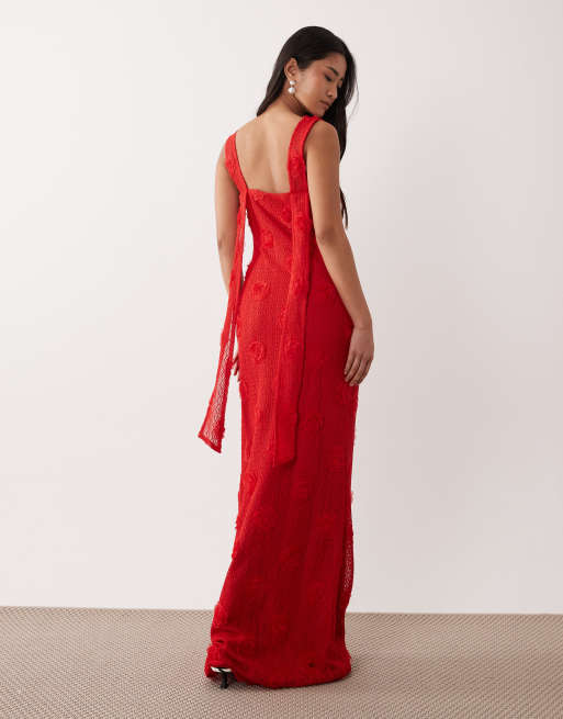 Pretty Lavish floral appliqué square neck maxi dress in red, 2 of 4