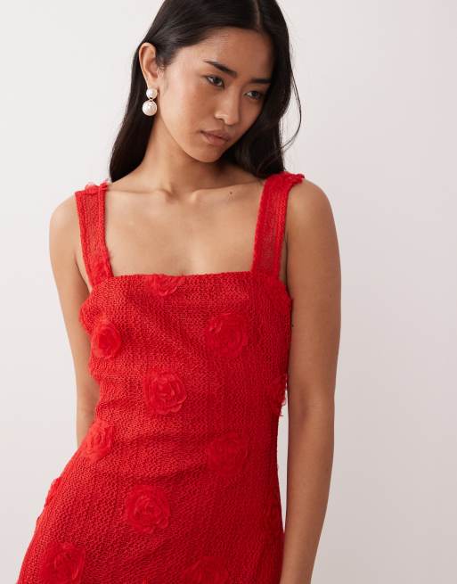 Pretty Lavish floral appliqué square neck maxi dress in red, 3 of 4