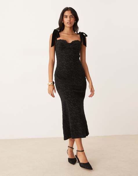 Pretty Lavish floral lace velvet bow shoulders sweetheart neck midaxi dress in black - view 1