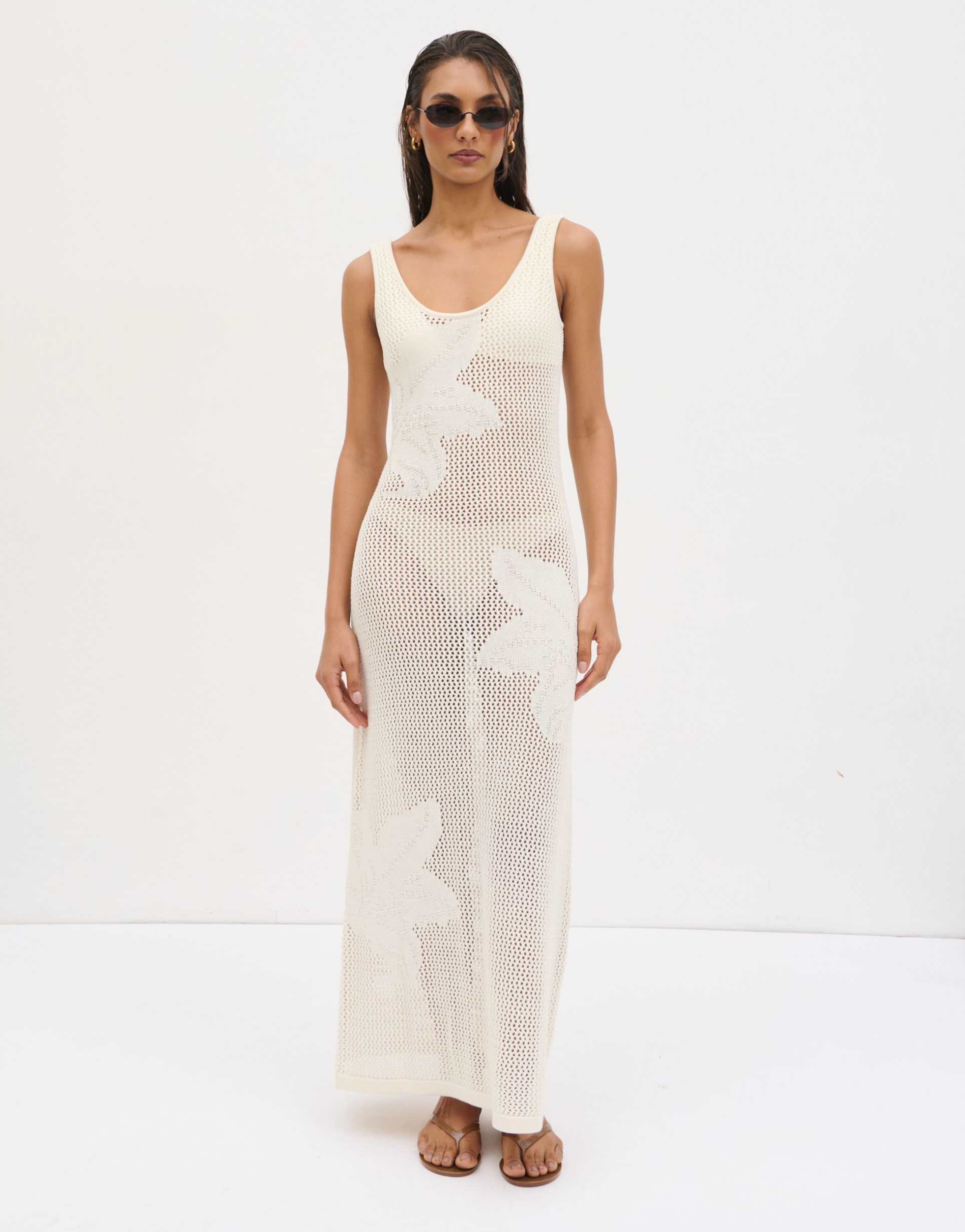 pretty lavish floral open knit scoop maxi dress in cream