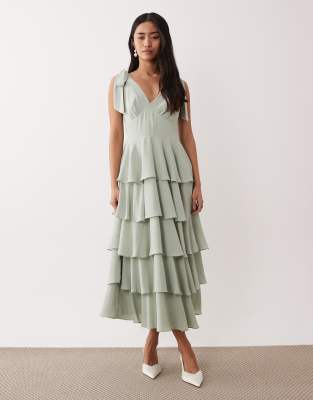 Florie - Robe longueur mollet à volants et épaules nouées - Vert sauge 42