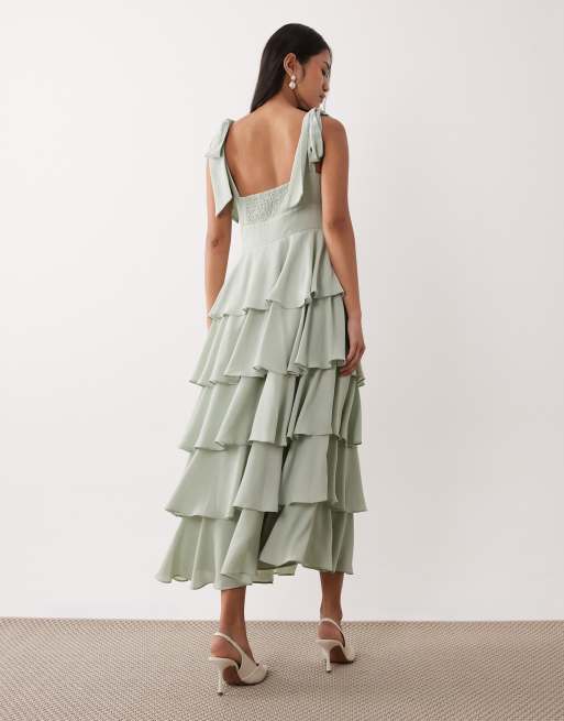 Pretty Lavish Florie tie shoulder ruffle midaxi dress in sage green, 2 of 4