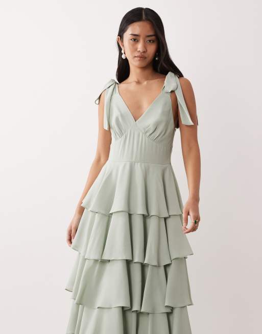 Pretty Lavish Florie tie shoulder ruffle midaxi dress in sage green, 3 of 4