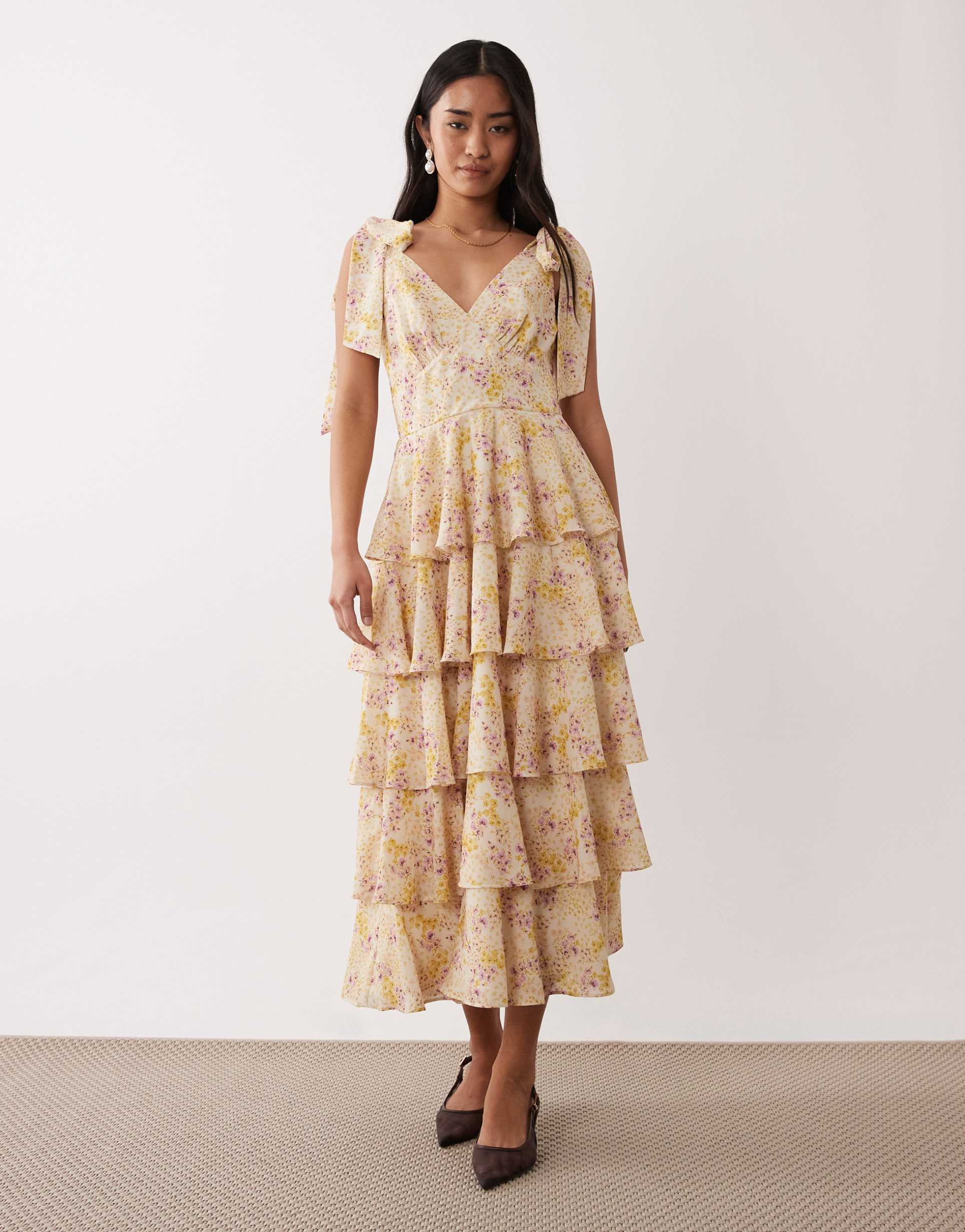 pretty lavish florie tie shoulders ruffle midaxi dress in delicate floral