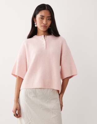 Pretty Lavish Fluffy Knit Button Detail Top In Pink