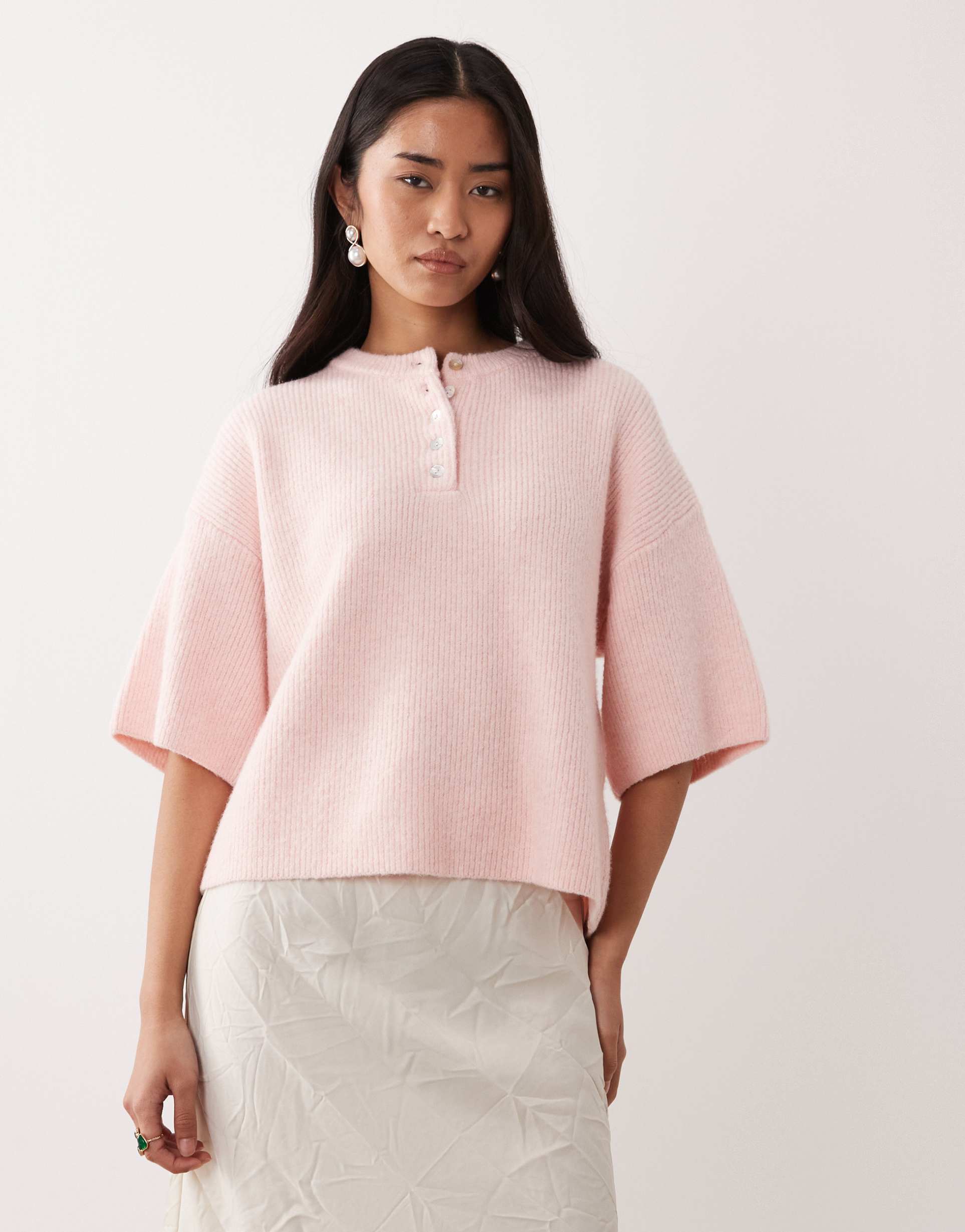 pretty lavish fluffy knit button detail top in pink