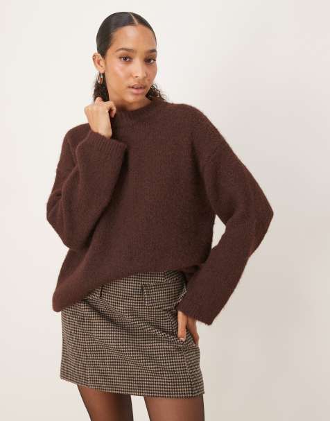 Pretty Lavish fluffy knit crewneck relaxed jumper in brown