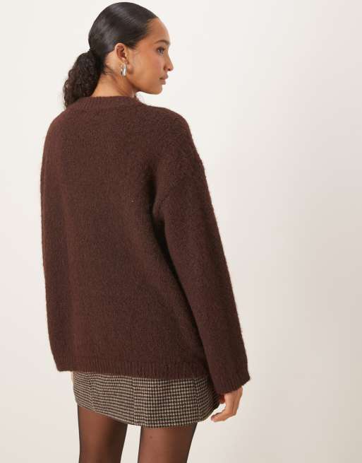 Pretty Lavish fluffy knit crewneck relaxed jumper in brown, 3 of 4
