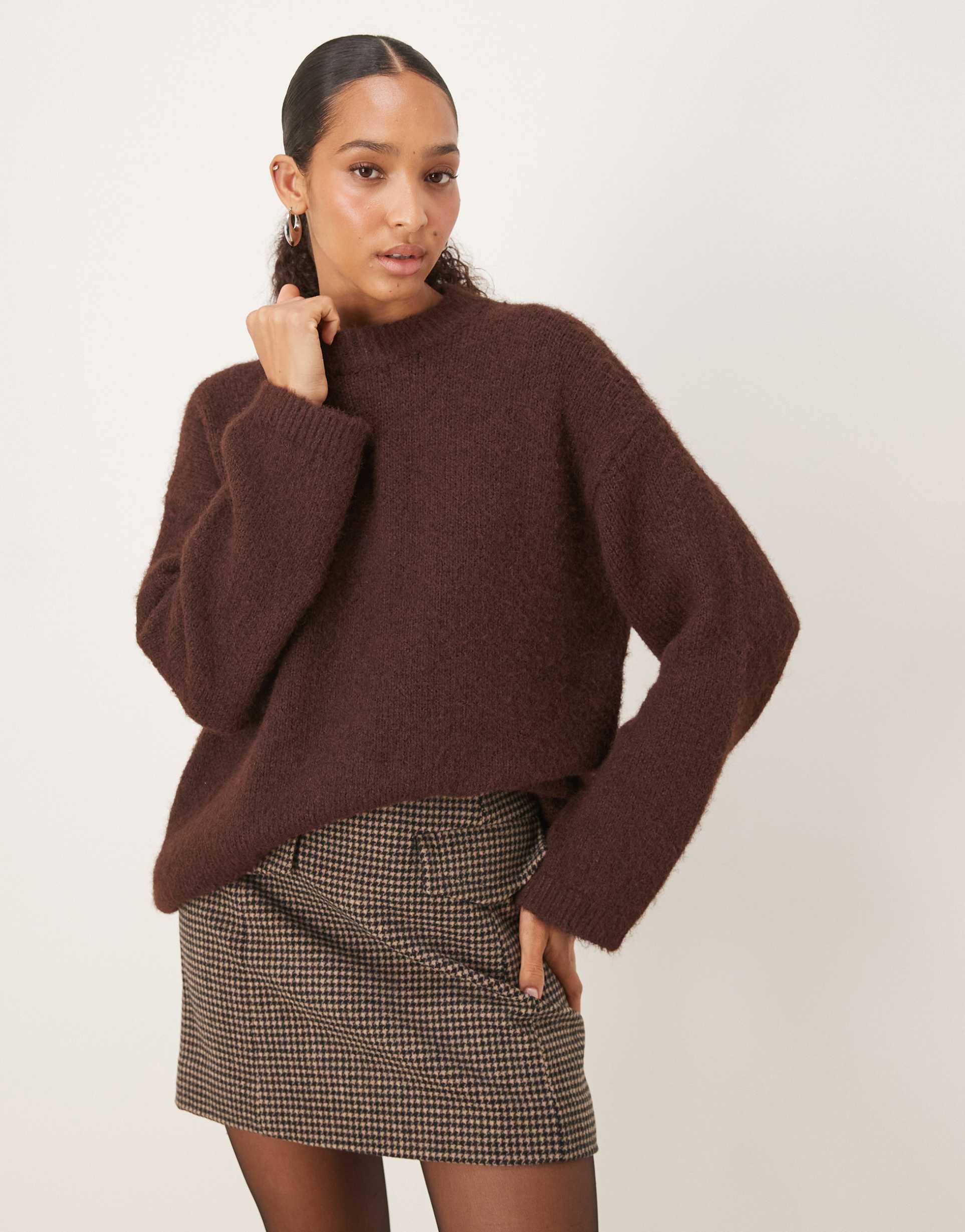 pretty lavish fluffy knit crewneck relaxed sweater in brown
