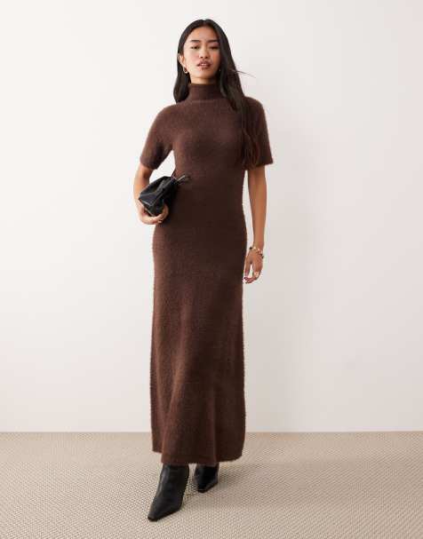 Pretty Lavish fluffy knit roll neck short sleeve maxi dress in brown - view 1