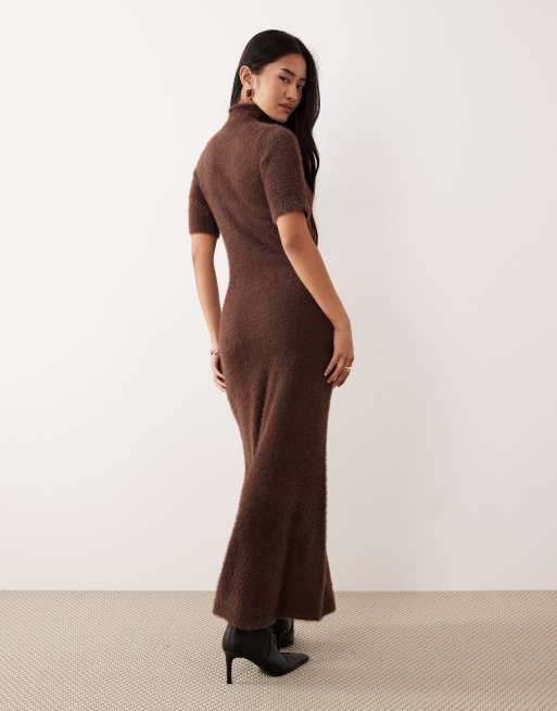 Pretty Lavish fluffy knit roll neck short sleeve maxi dress in brown, 3 of 4