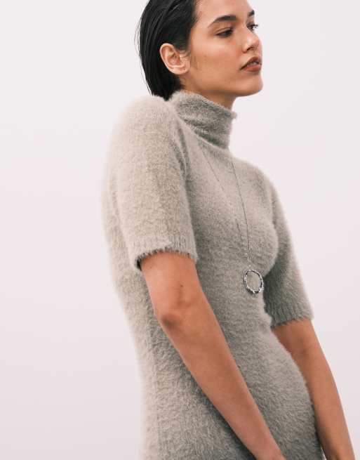 Pretty Lavish fluffy knit roll neck short sleeve maxi dress in sage green, 2 of 4