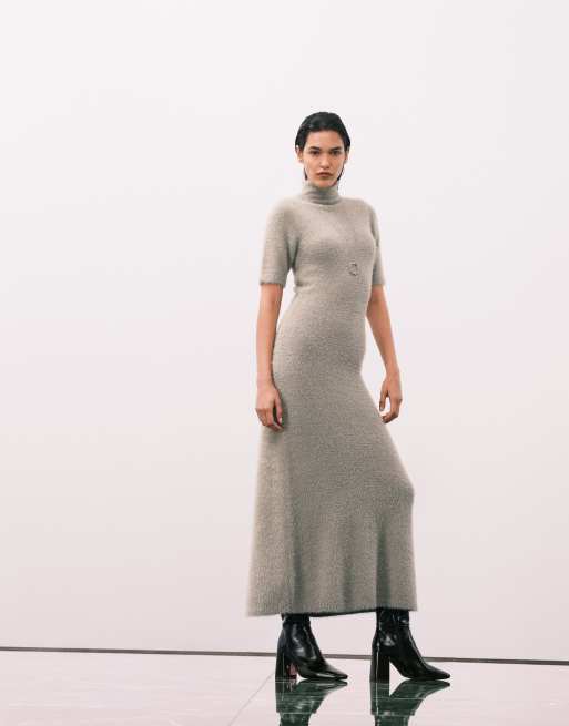 Pretty Lavish fluffy knit roll neck short sleeve maxi dress in sage green, 3 of 4